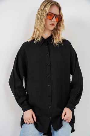 Kadın Dokulu Oversize Tunik 5989 - Siyah