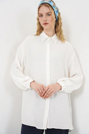 Kadın Dokulu Oversize Tunik 5989 - Beyaz