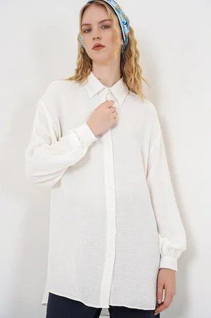 Kadın Dokulu Oversize Tunik 5989 - Beyaz