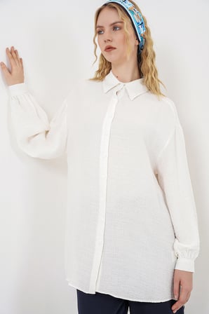 Kadın Dokulu Oversize Tunik 5989 - Beyaz
