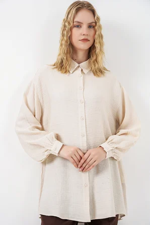 Kadın Dokulu Oversize Tunik 5989 - Krem