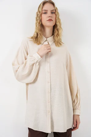 Kadın Dokulu Oversize Tunik 5989 - Krem