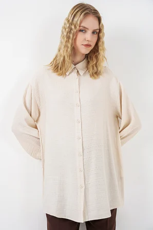 Kadın Dokulu Oversize Tunik 5989 - Krem