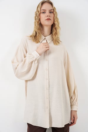 Kadın Dokulu Oversize Tunik 5989 - Krem