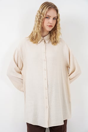 Kadın Dokulu Oversize Tunik 5989 - Krem