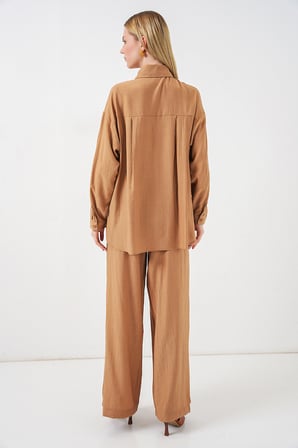 Kadın Dokulu Gömlek Pantolon İkili Takım 6710 - Camel