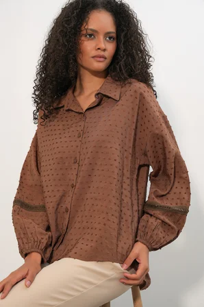 Kadın Oversize Desenli Gömlek 20379 - Taba