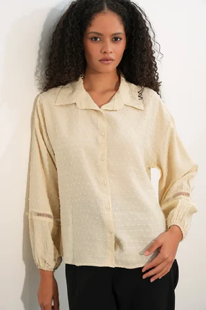 Kadın Oversize Desenli Gömlek 20379 - Krem