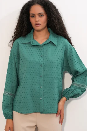 Kadın Oversize Desenli Gömlek 20379 - Zümrüt Yeşili