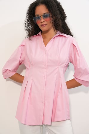 Kadın Uzun Belden Oturtmalı Gömlek 20383 - Pembe