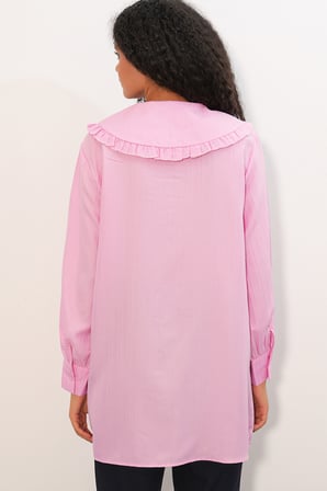 Kadın Geniş Yaka Fırfır Detaylı Çizgili Tunik Gömlek 5993 - Pembe