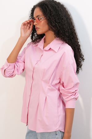 Kadın Belden Oturtmalı Poplin Gömlek 20384 - Pembe