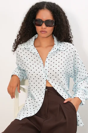 Kadın Oversize Puantiyeli Gömlek 20392 - Mavi