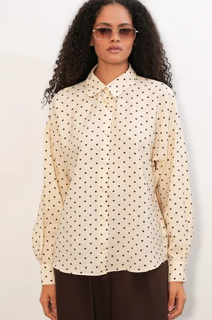 Kadın Oversize Puantiyeli Gömlek 20392 - Krem