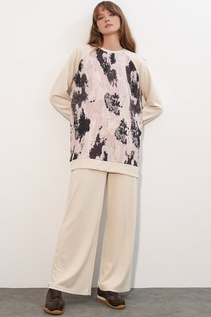 Kadın Desenli Oversize Tunik Pantolon İkili Takım 55462 - Krem
