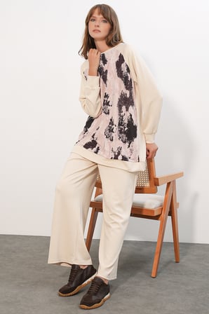 Kadın Desenli Oversize Tunik Pantolon İkili Takım 55462 - Krem