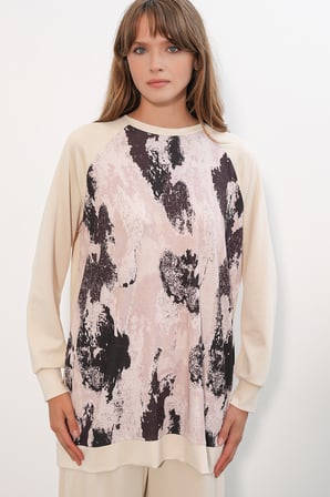 Kadın Desenli Oversize Tunik Pantolon İkili Takım 55462 - Krem