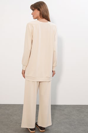 Kadın Desenli Oversize Tunik Pantolon İkili Takım 55462 - Krem