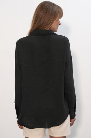 Kadın Oversize Keten Gömlek 20338 - Siyah