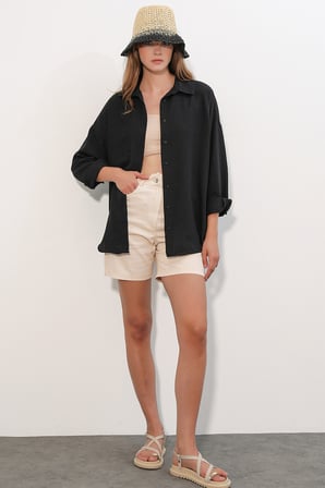 Kadın Oversize Keten Gömlek 20338 - Siyah