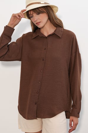 Kadın Oversize Keten Gömlek 20338 - Kahverengi