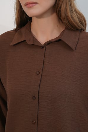 Kadın Oversize Keten Gömlek 20338 - Kahverengi