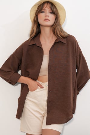 Kadın Oversize Keten Gömlek 20338 - Kahverengi