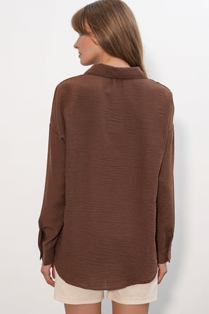 Kadın Oversize Keten Gömlek 20338 - Kahverengi
