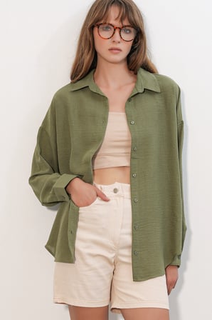 Kadın Oversize Keten Gömlek 20338 - Haki