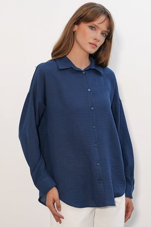 Kadın Oversize Keten Gömlek 20338 - Lacivert