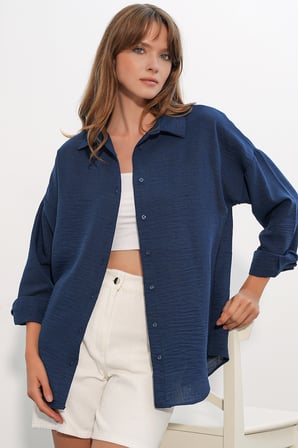 Kadın Oversize Keten Gömlek 20338 - Lacivert
