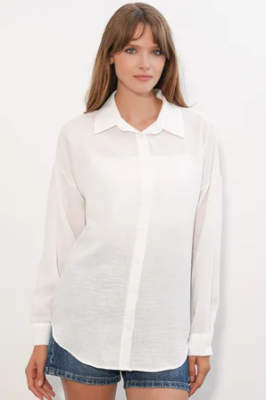 Kadın Oversize Keten Gömlek 20338 - B.Beyaz