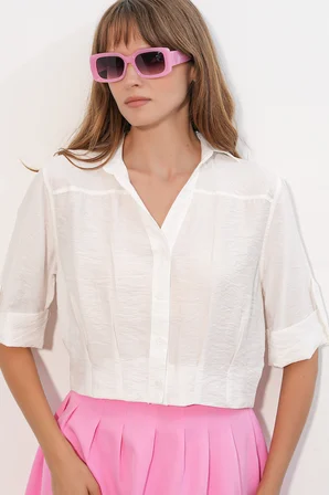 Kadın Crop Oversize Gömlek 20390 - Beyaz