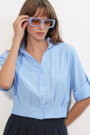 Kadın Crop Oversize Gömlek 20390 - Mavi