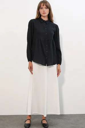 Kadın Dokulu Oversize Keten Gömlek 20381 - Siyah