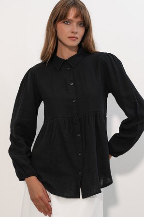 Kadın Dokulu Oversize Keten Gömlek 20381 - Siyah