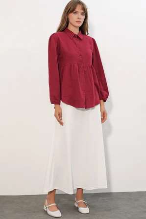 Kadın Dokulu Oversize Keten Gömlek 20381 - Bordo