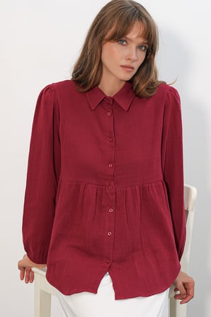 Kadın Dokulu Oversize Keten Gömlek 20381 - Bordo