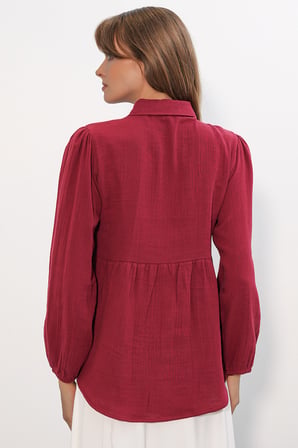 Kadın Dokulu Oversize Keten Gömlek 20381 - Bordo