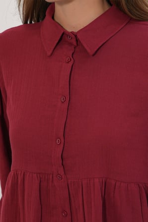 Kadın Dokulu Oversize Keten Gömlek 20381 - Bordo