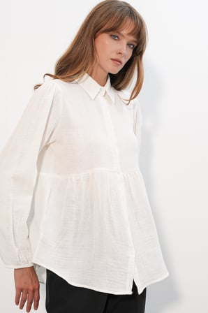 Kadın Dokulu Oversize Keten Gömlek 20381 - Beyaz