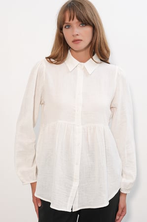 Kadın Dokulu Oversize Keten Gömlek 20381 - Beyaz