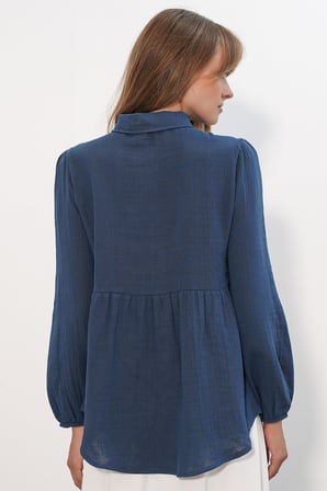 Kadın Dokulu Oversize Keten Gömlek 20381 - Lacivert