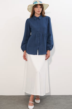Kadın Dokulu Oversize Keten Gömlek 20381 - Lacivert