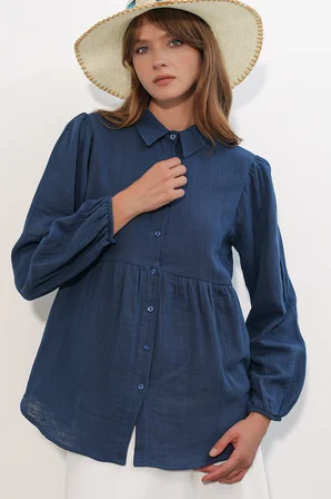 Kadın Dokulu Oversize Keten Gömlek 20381 - Lacivert