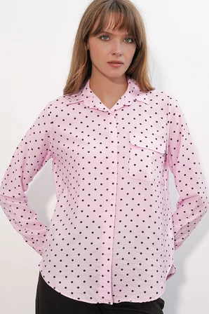 Kadın Tek Cepli Puantiyeli Oversize Gömlek 20399 - Pembe