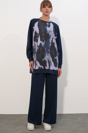 Kadın Desenli Oversize Tunik Pantolon İkili Takım 55462 - Lacivert
