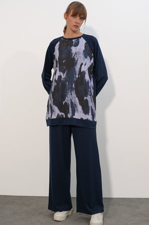 Kadın Desenli Oversize Tunik Pantolon İkili Takım 55462 - Lacivert
