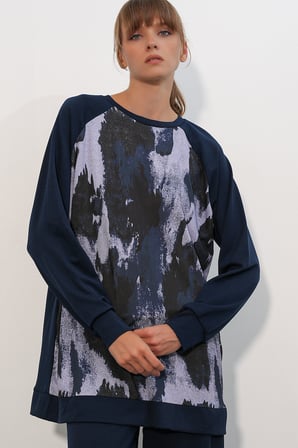 Kadın Desenli Oversize Tunik Pantolon İkili Takım 55462 - Lacivert