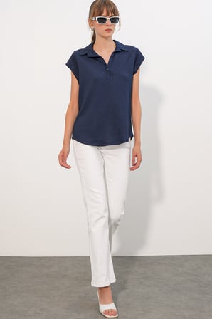20123 Polo Yaka Örme Bluz - Lacivert